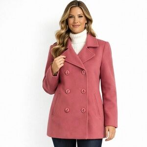 LL Bean Wool Pea Coat Pink Size 6 Double Breasted Anchor Button Nautical Preppy